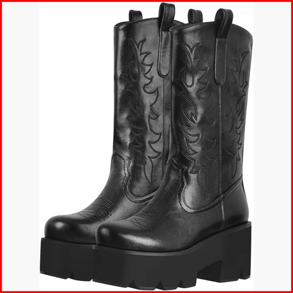 Embroidered Pull-On Knee High Boots With Chunky Platform Heel